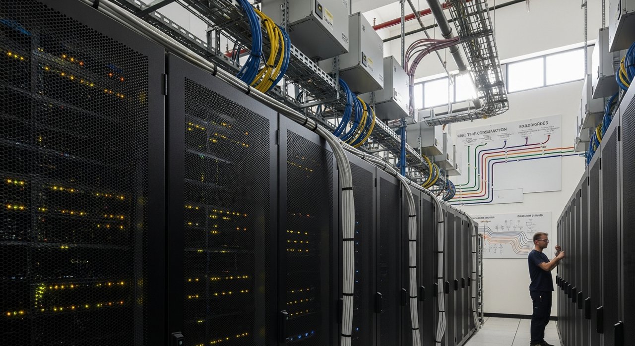 AI data centre servers with power grid overlay